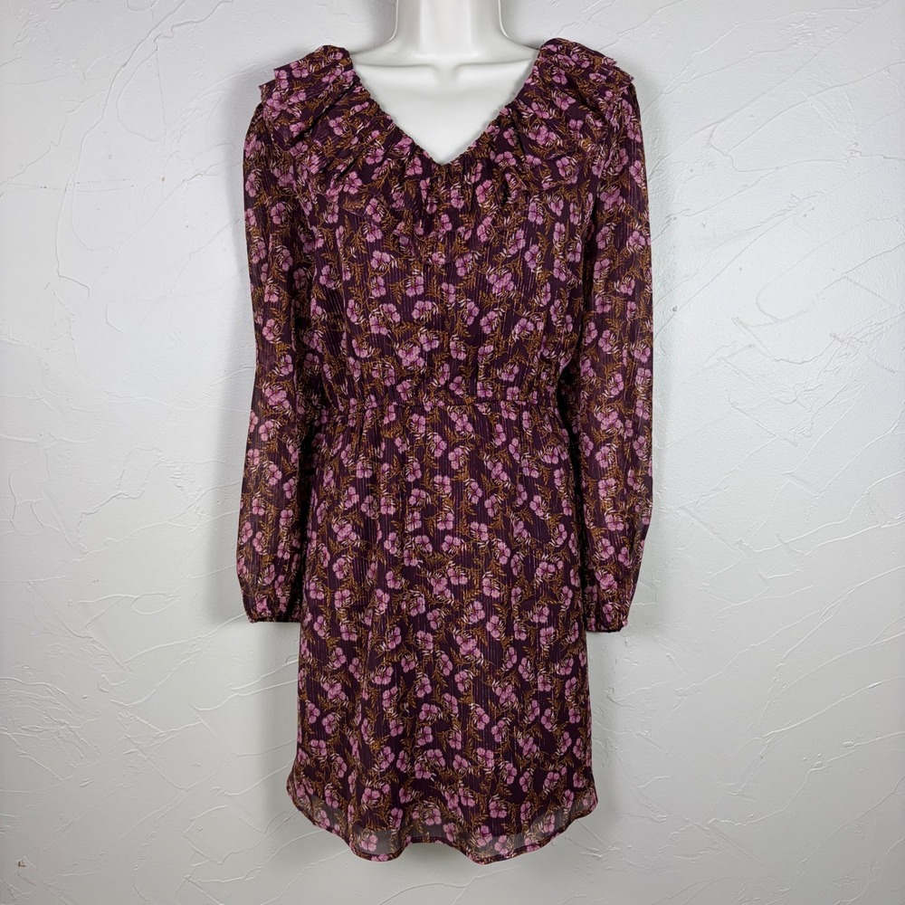 NWT LOFT Dress Purple XL Petite Floral Metallic Ruffle Neck Boho Feminine Party